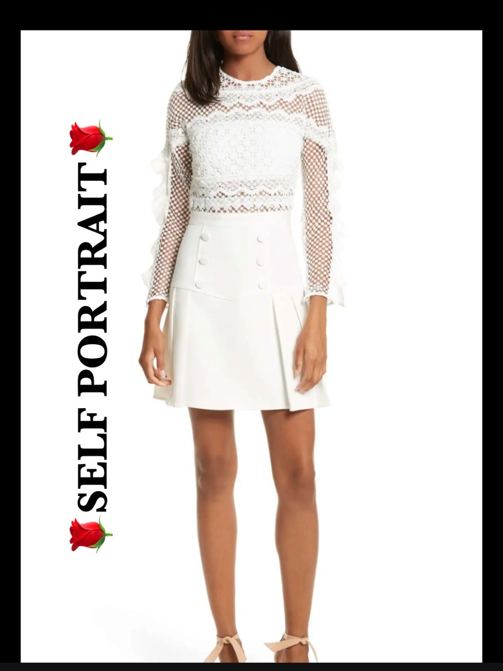 SELF PORTRAIT BELLIS White Lace Crochet Long-Sleeve Mini Dress